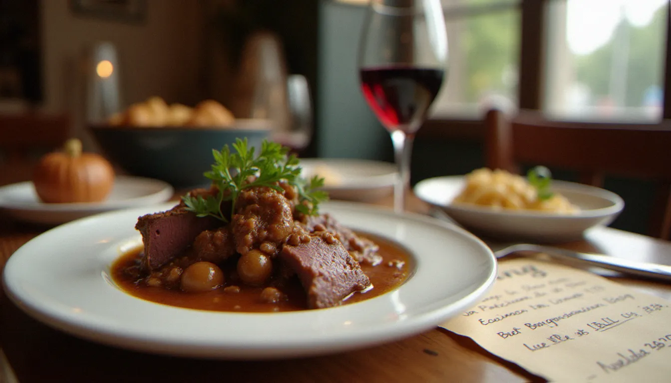 Assiette de bœuf bourguignon sur une table de bistrot avec un carnet de notes ouvert, illustrant les avis clients sur le Bistrot Micheline