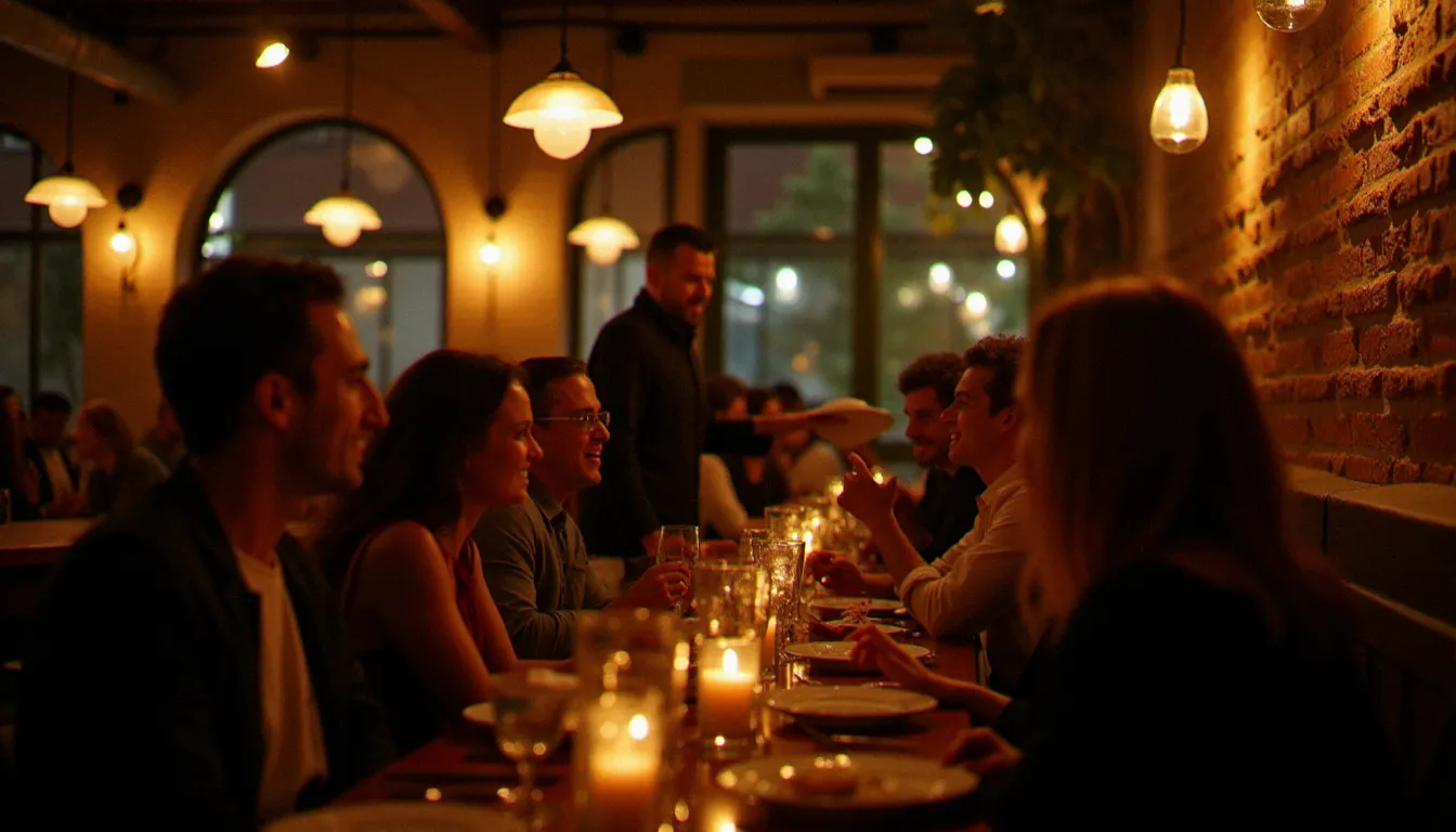 Salle animée d'un bistrot français en soirée avec des groupes de convives, briques apparentes et bougies, ambiance chaleureuse caractéristique du Bistrot Micheline