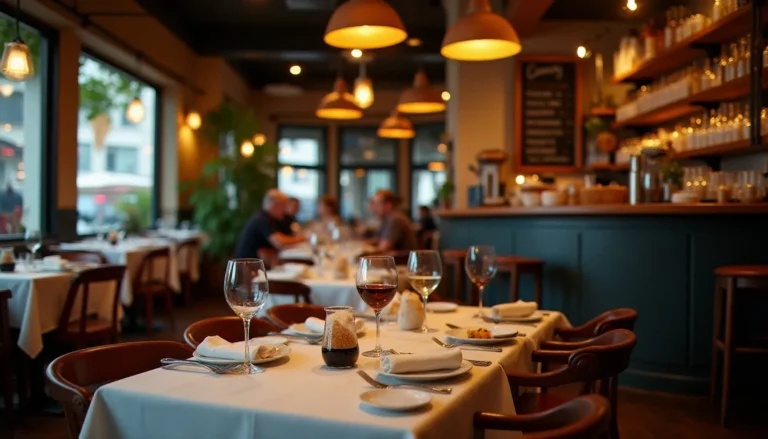 Salle de bistrot traditionnel français avec ardoise de menu, comptoir en zinc et lumière tamisée, ambiance typique évoquant les avis du Bistrot Micheline