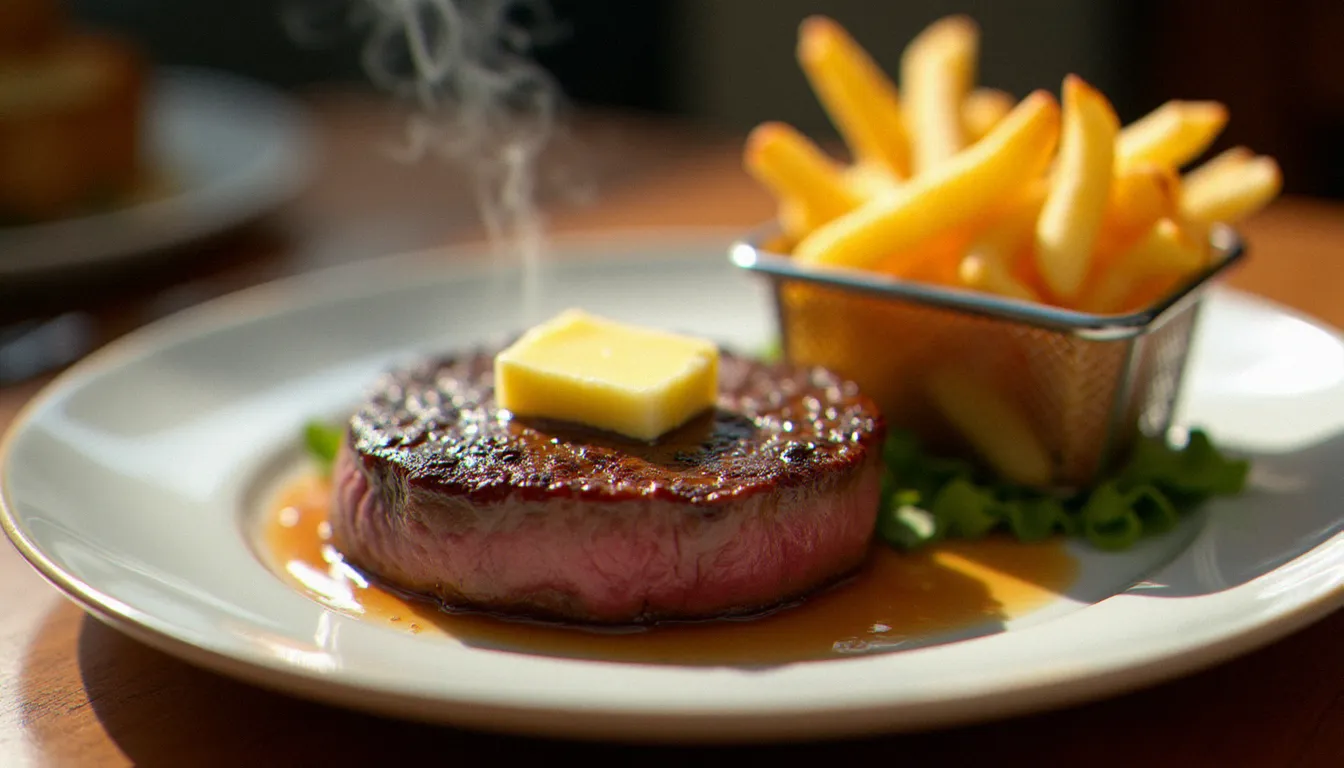 Pavé de rumsteck au beurre maître d'hôtel avec frites maison dorées, plat signature des avis bistrot Paul Bert, servi sur table en bois de bistrot parisien