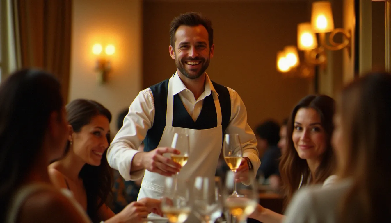 Serveur en tablier blanc apportant des verres de vin à des clients dans une salle de bistrot parisien chaleureuse, illustration du service décrit dans les avis bistrot Paul Bert
