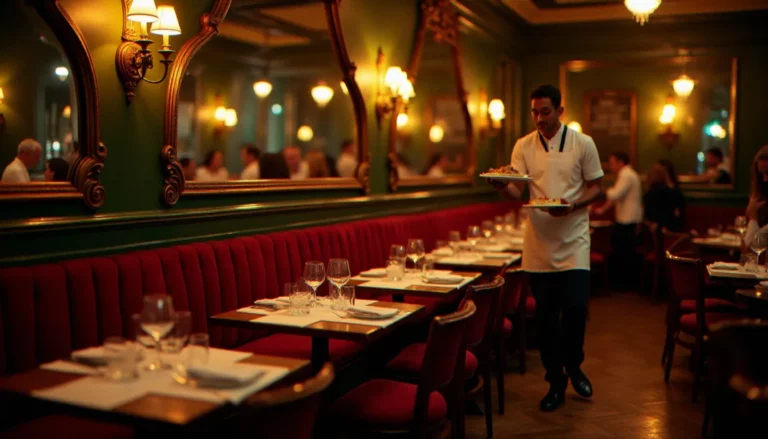 Salle intérieure du Bistrot Paul Bert à Paris, ambiance chaleureuse avec banquettes bordeaux, miroirs dorés et service en tablier blanc — illustration d'un avis bistrot Paul Bert en conditions réelles