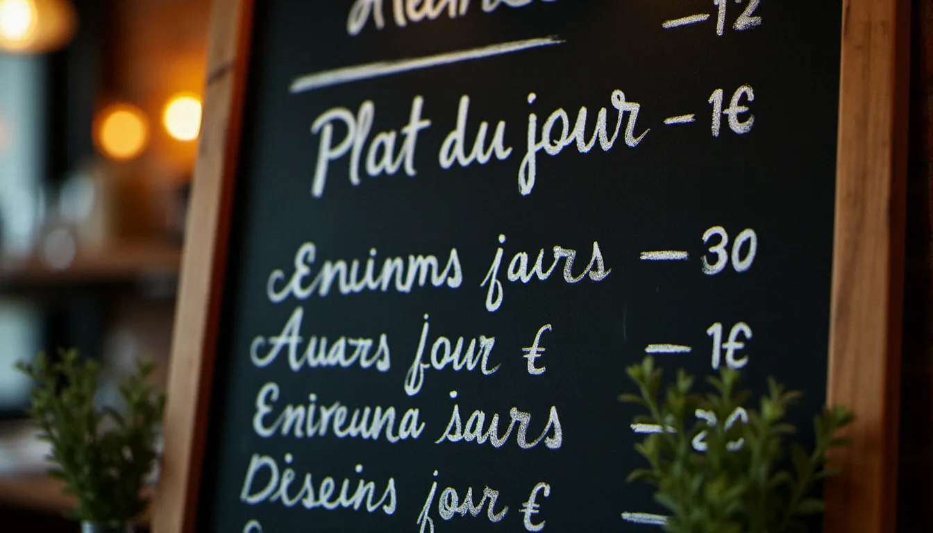 Ardoise manuscrite d'un bistrot français avec le menu du jour écrit à la craie en cursive, représentant la tradition des cartes de bistro à l'orthographe soignée