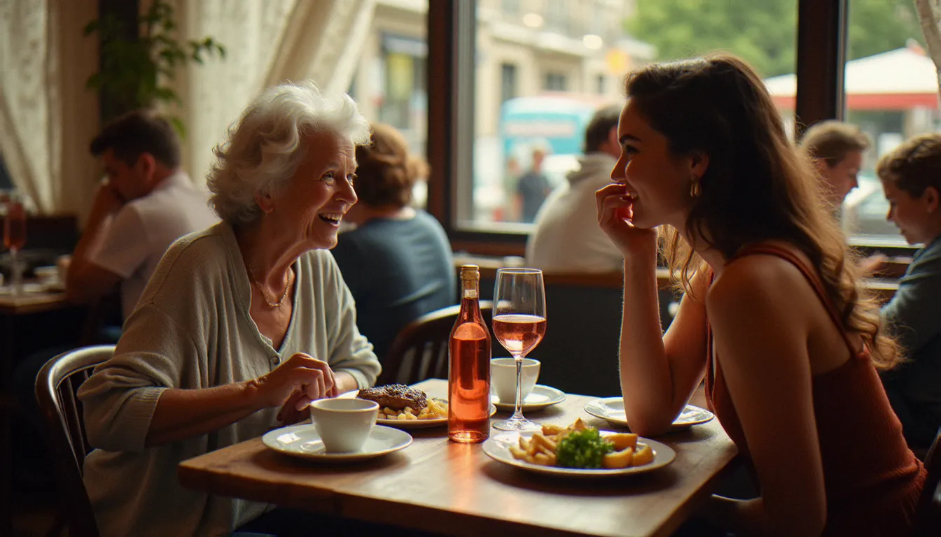 Tablée animée dans un bistrot de quartier français, deux femmes de générations différentes partageant un repas convivial autour d'une carafe de vin, incarnant l'esprit de mixité sociale du bistro à la française