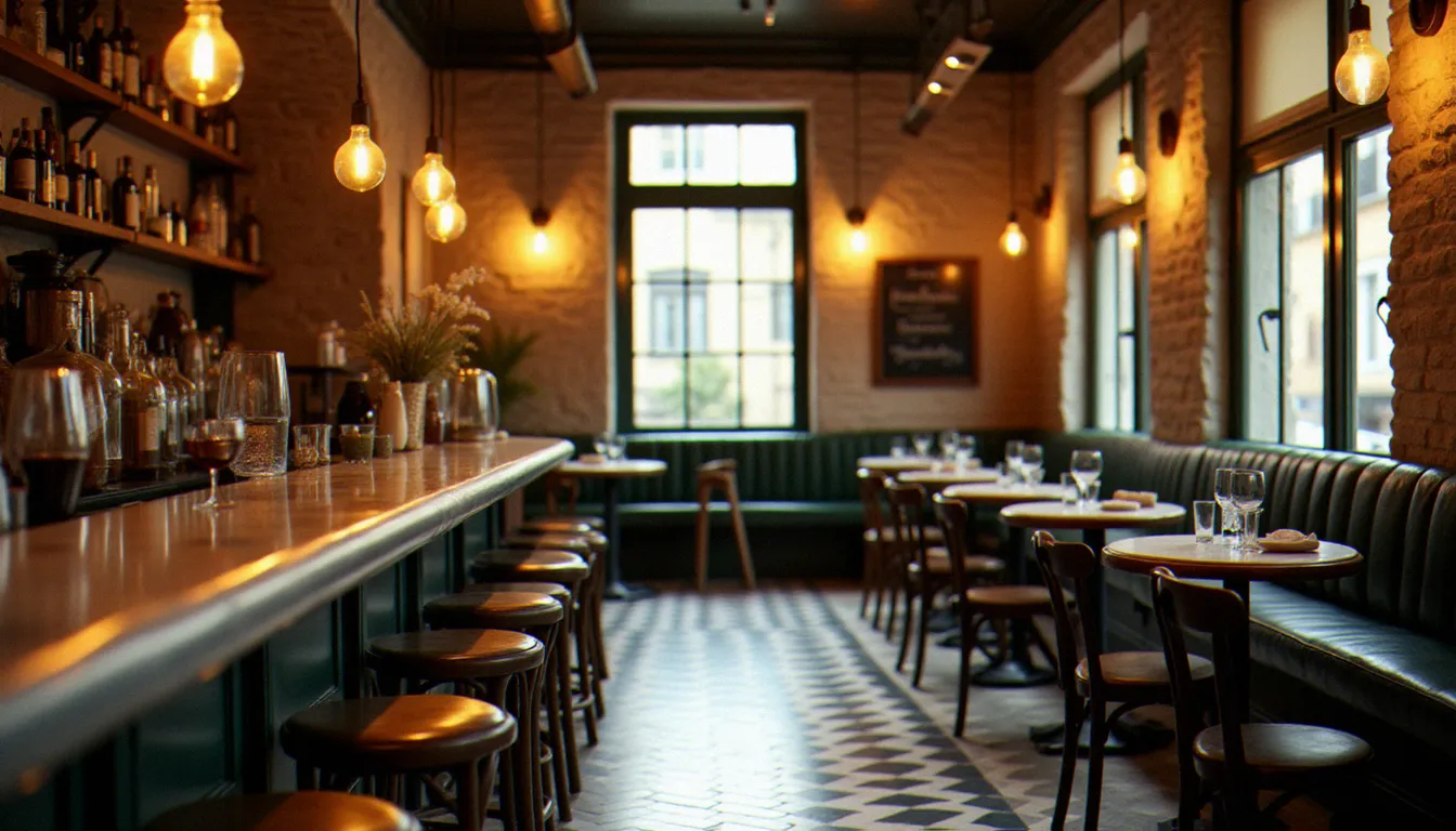 Intérieur chaleureux d'un bistro français traditionnel avec comptoir en zinc, tables en marbre et ardoise manuscrite au mur, incarnant l'ambiance d'un bistro ou bistrot de quartier authentique