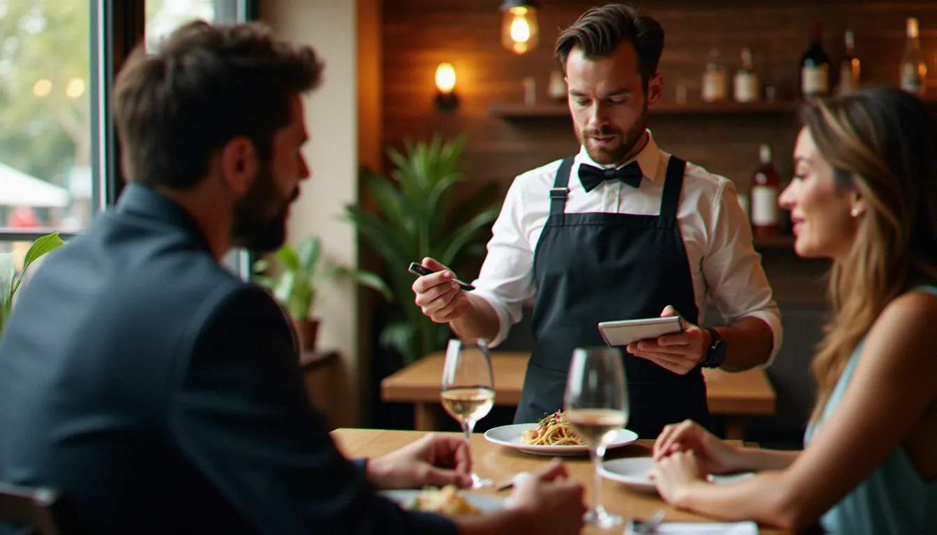 Serveur de bistrot expliquant les plats du jour à des clients attablés, illustrant la qualité du service évoquée dans les avis sur le bistro