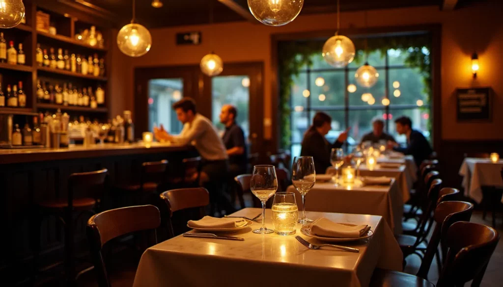 Salle de bistrot français chaleureux le soir, comptoir en bois, tables dressées et lumière tamisée illustrant l'ambiance d'un bistro avis positif