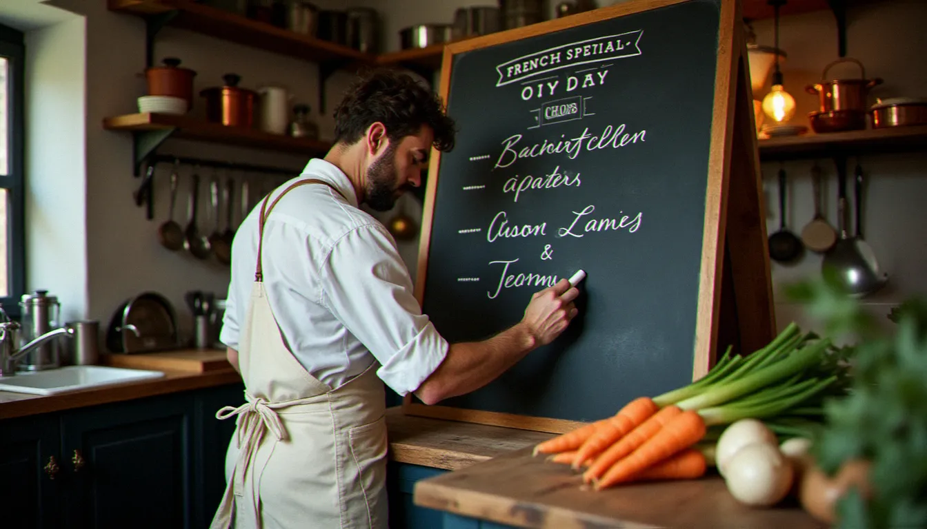 Chef de bistrot en tablier blanc écrivant les plats du jour à la craie sur une ardoise ardoise, légumes de saison disposés sur le plan de travail en bois