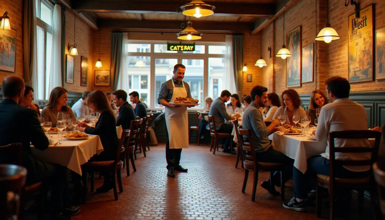 Salle animée d'un bistrot français à l'heure du déjeuner avec clients attablés, serveur en tablier blanc apportant un plat de steak-frites, carrelage en tomettes et affiches vintage aux murs