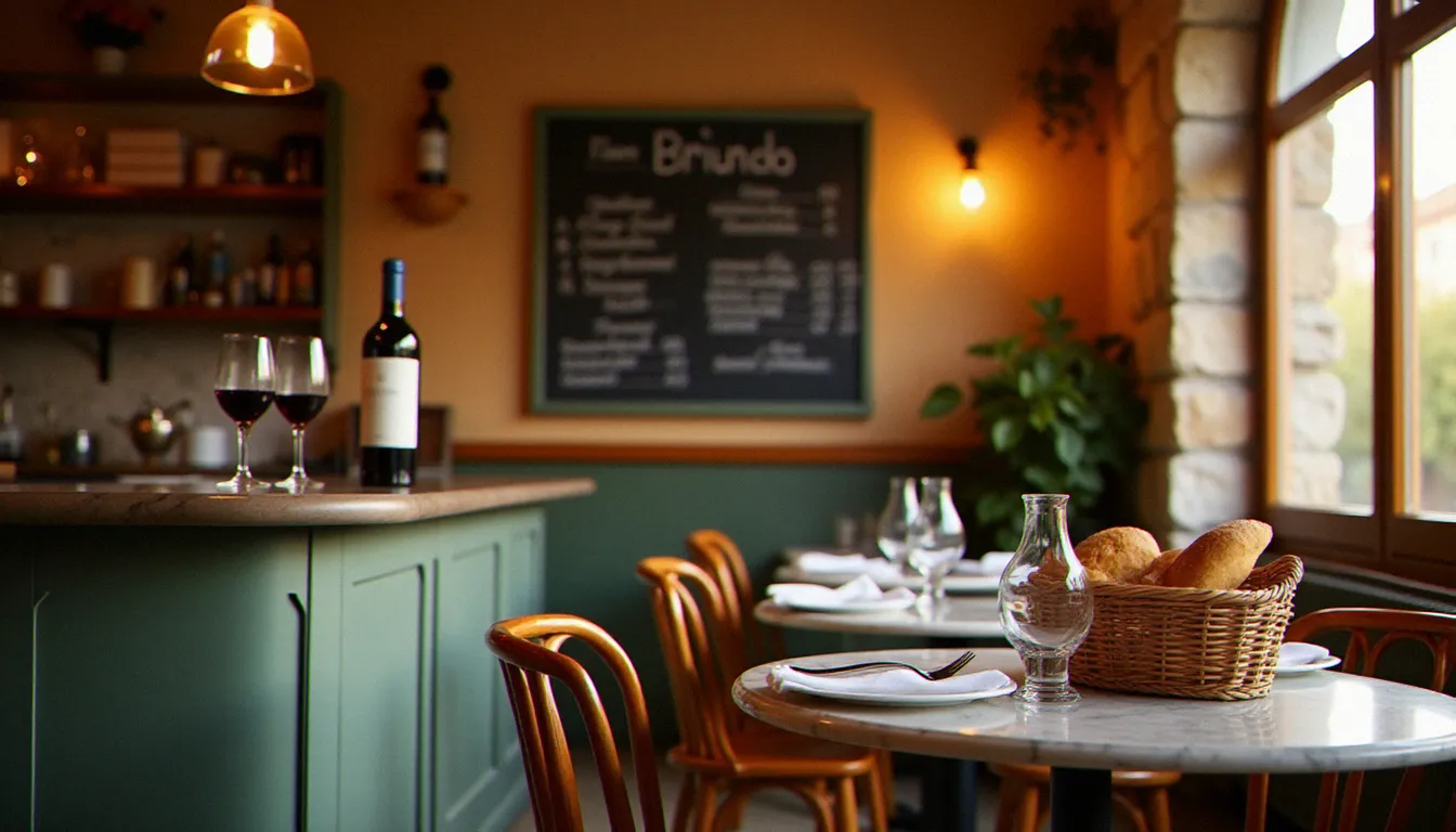 Intérieur chaleureux d'un bistro bistrot français traditionnel avec comptoir en zinc, ardoise manuscrite murale et tables en marbre éclairées à la lumière dorée