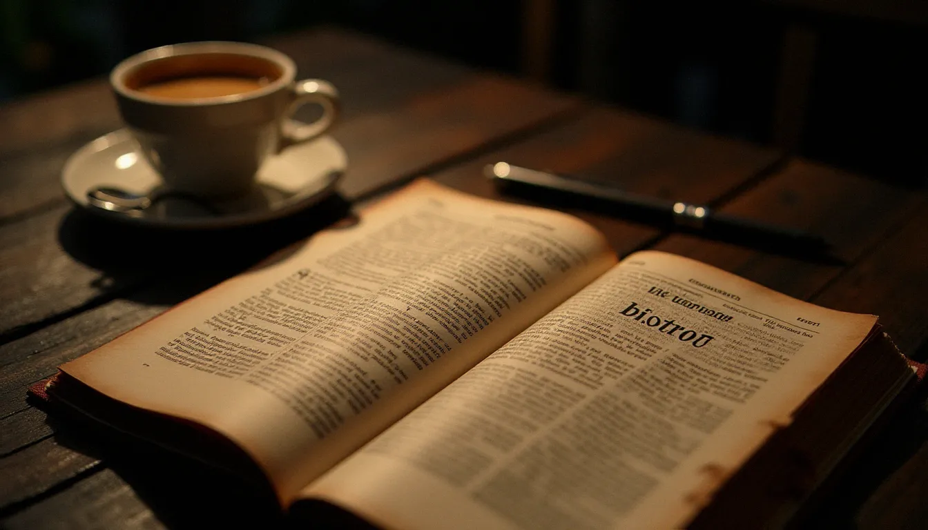 Dictionnaire français Larousse ouvert à la définition du mot bistrot posé sur une table de café en bois sombre, illustrant le débat sur l'orthographe bistrot avec ou sans t