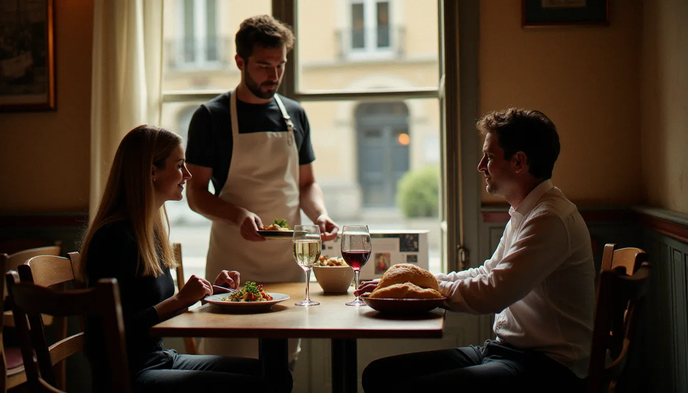 Serveur en tablier blanc servant un plat du jour traditionnel dans un bistrot de quartier français, avec corbeille de pain et carafe de vin rouge sur la table, scène authentique de la restauration bistrotière