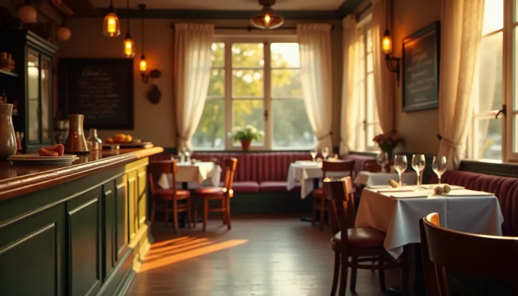 Intérieur chaleureux d'un bistrot traditionnel français au déjeuner avec comptoir en zinc poli et tables dressées, illustrant l'ambiance d'un vrai bistrot avec ou sans t