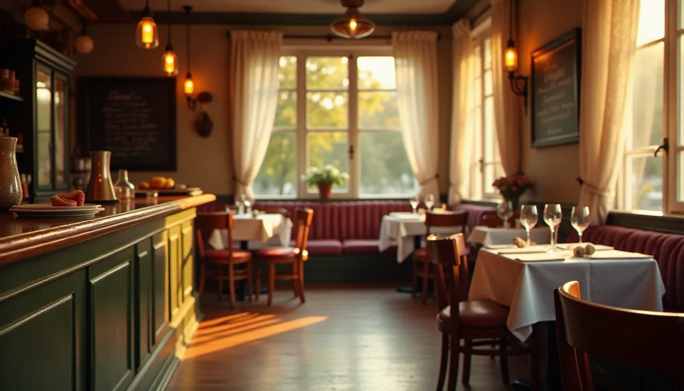Intérieur chaleureux d'un bistrot traditionnel français au déjeuner avec comptoir en zinc poli et tables dressées, illustrant l'ambiance d'un vrai bistrot avec ou sans t