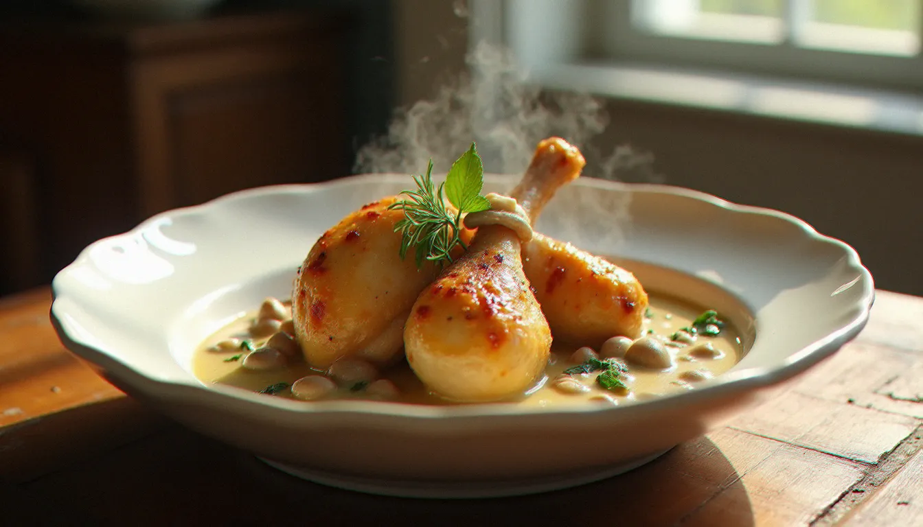Poulet de Bresse AOC à la crème et aux morilles servi dans une cocotte blanche, plat signature de la cuisine bressanne traditionnelle