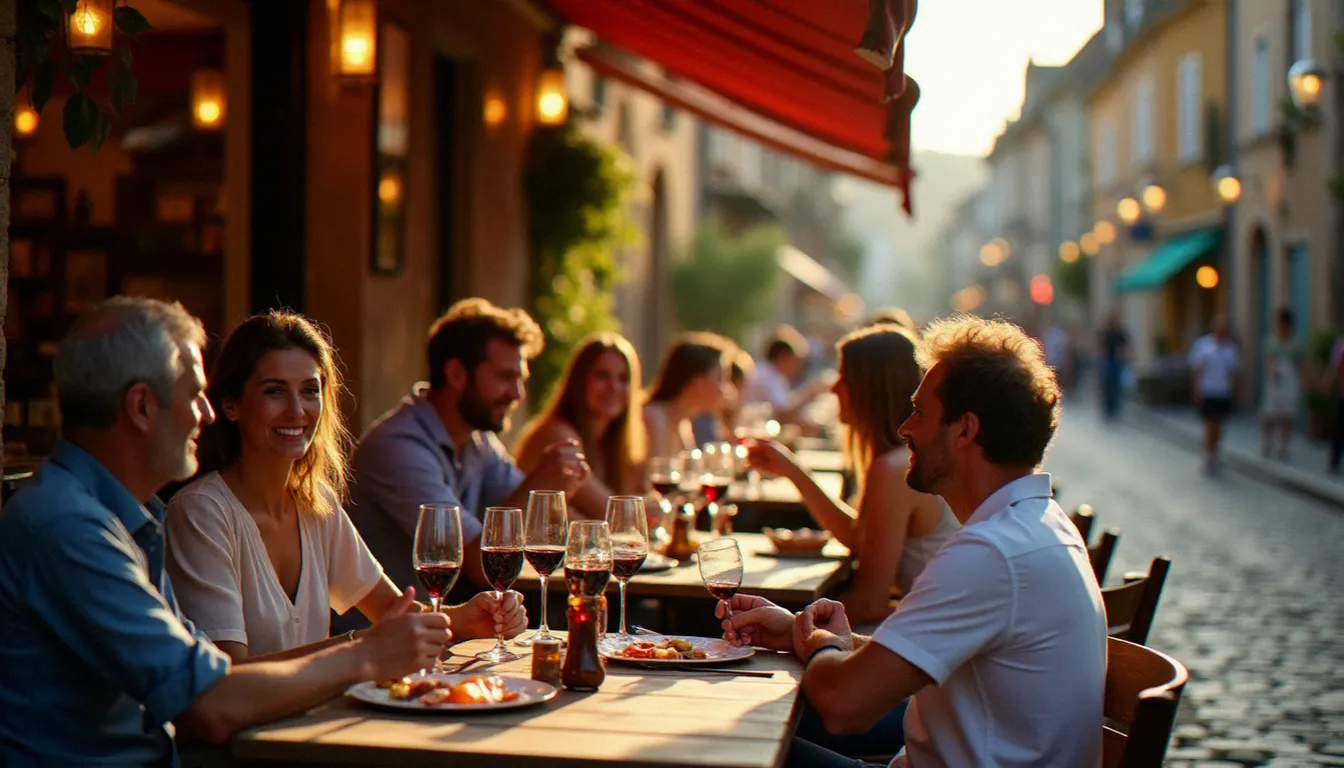 Terrasse animée d'un bistrot de Bourg-en-Bresse en soirée d'été, convives attablés autour d'un verre dans une ambiance de quartier authentique