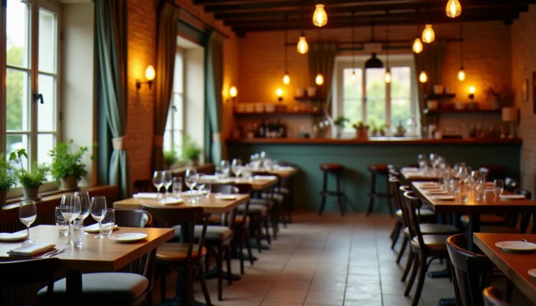 Salle du bistrot Brigitte à Bourg-en-Bresse, tables en bois dressées sous un éclairage chaleureux, ambiance bistrot traditionnel français