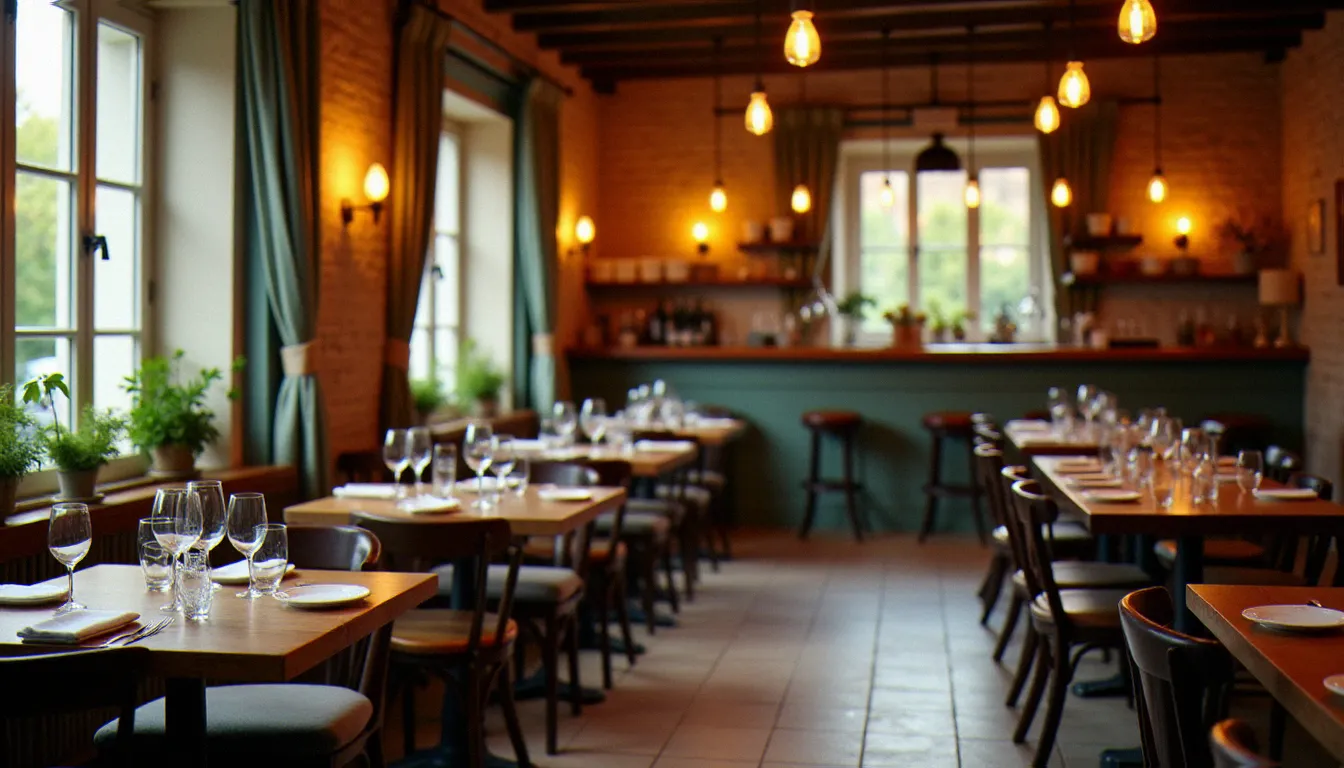Salle du bistrot Brigitte à Bourg-en-Bresse, tables en bois dressées sous un éclairage chaleureux, ambiance bistrot traditionnel français