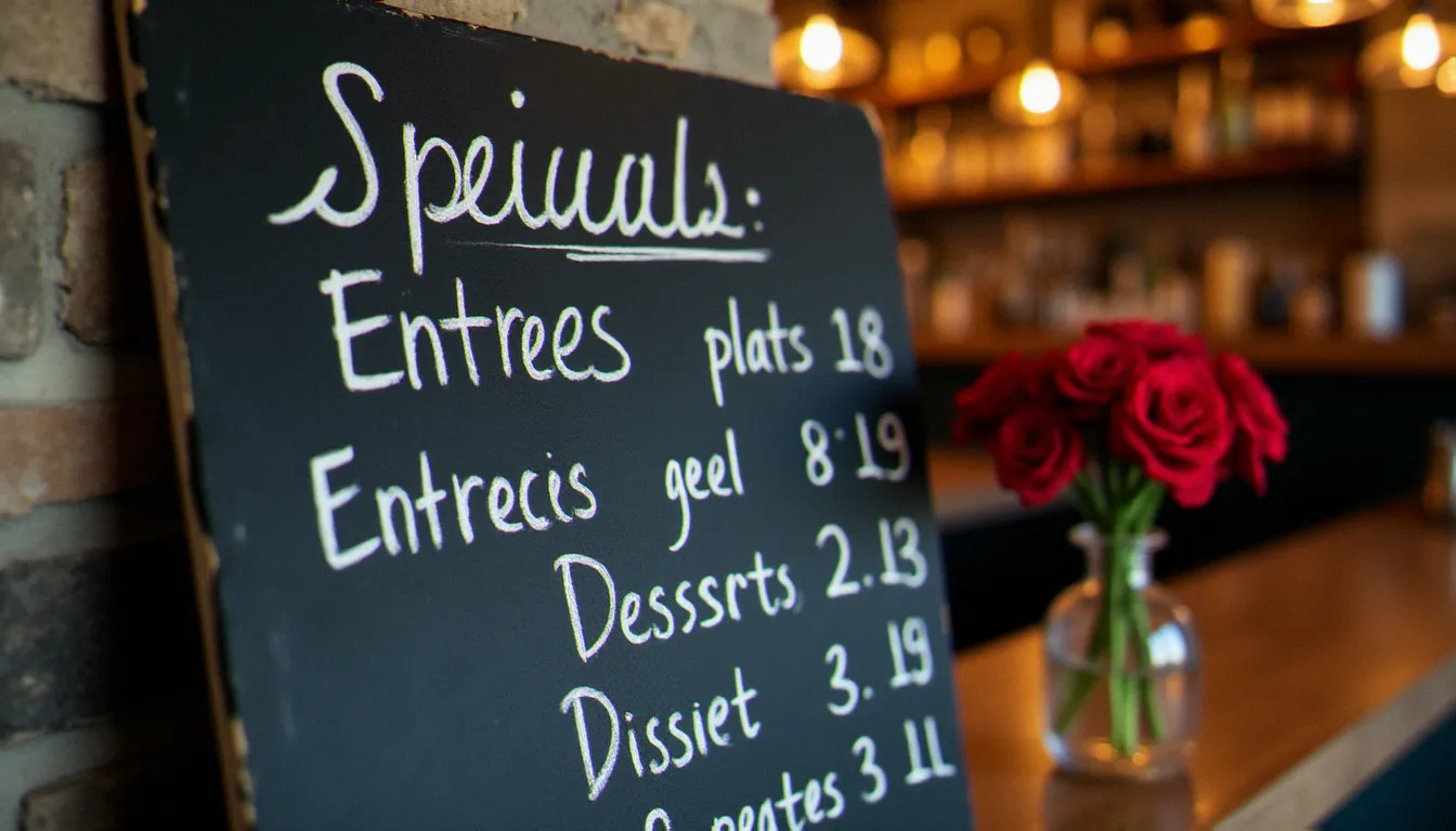Ardoise du jour griffonnée à la craie dans un petit bistrot français, avec plats du marché et fleur rouge sur le comptoir