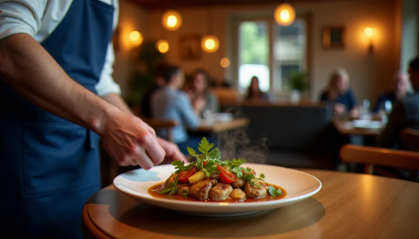 Chef en tablier bleu servant un plat de saison dans la salle intime d'un bistrot est petit, cuisine ouverte visible en arrière-plan