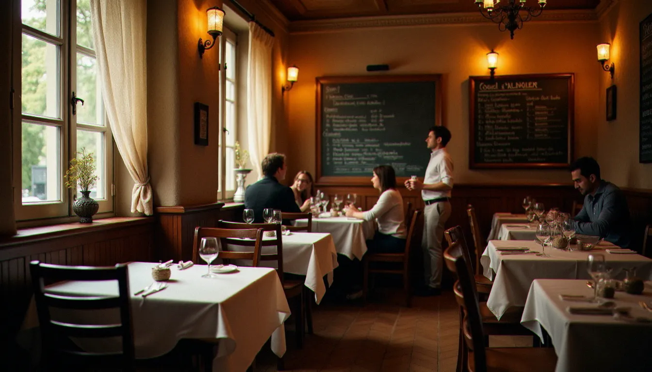 Salle intime d'un bistrot est petit, tables en bois serrées, ardoise manuscrite au mur et lumière dorée de midi