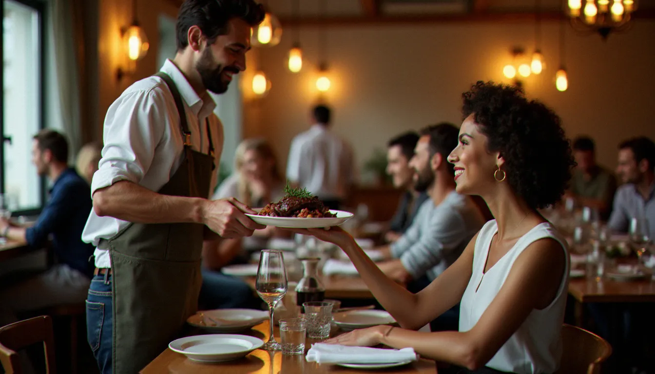 Serveur d'un bistrot présentant un plat de bœuf mijoté à une table de clients dans une salle animée et chaleureuse