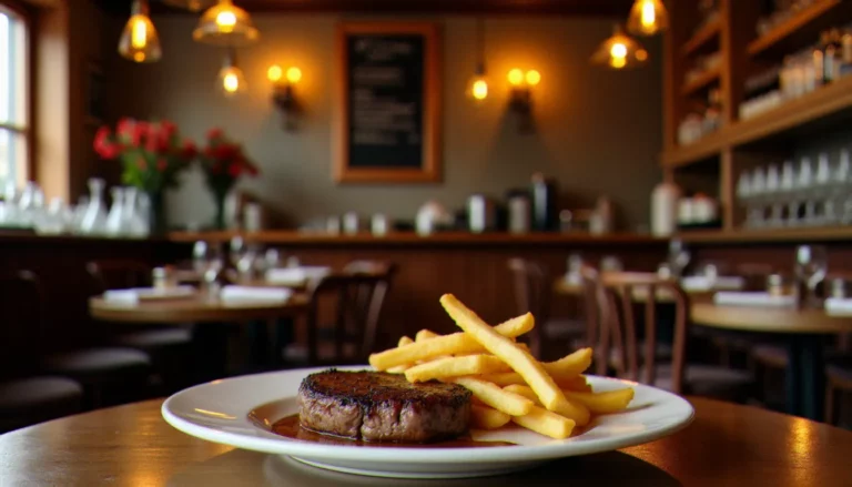 Intérieur d'un bistrot meilleur français le soir, avec comptoir en bois, ardoise du jour et assiette de steak frites en premier plan