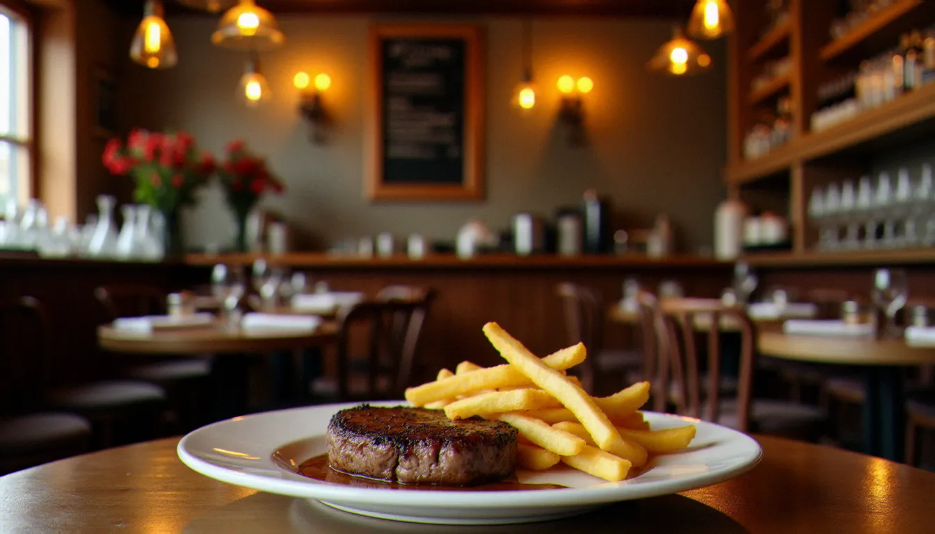 Intérieur d'un bistrot meilleur français le soir, avec comptoir en bois, ardoise du jour et assiette de steak frites en premier plan