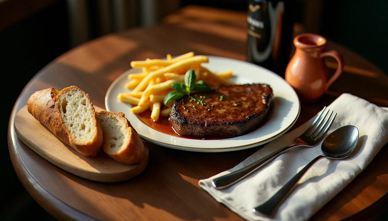 Table dressée dans un bistrot parisien avec steak-frites sur assiette blanche, carafe de vin rouge et baguette artisanale, illustration de la généreuse carte du meilleur bistrot Paris