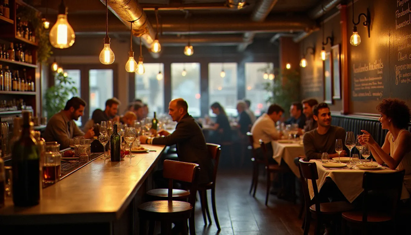Salle animée d'un bistrot parisien au déjeuner avec comptoir en zinc, ardoise murale et convives attablés — l'atmosphère typique du meilleur bistrot Paris