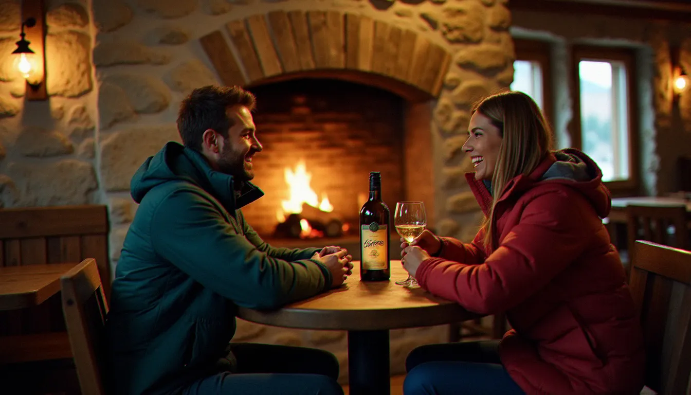 Clients attablés près d'une cheminée dans un bistrot savoyard de Saint-Martin-de-Belleville, partageant un vin blanc de Savoie en fin de journée de ski