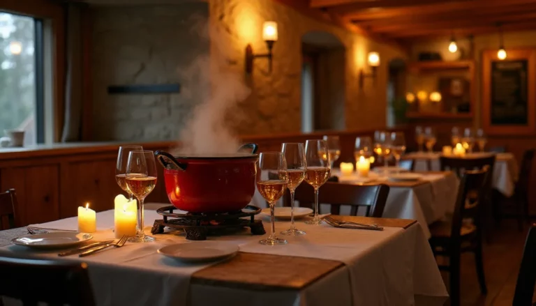 Salle chaleureuse du bistrot meilleur Saint Martin de Belleville avec décor en bois, ambiance tamisée et fondue savoyarde sur table