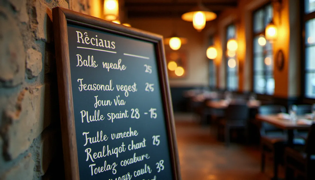 Ardoise à la craie d'un bistrot liégeois présentant les plats du jour avec des produits du marché local