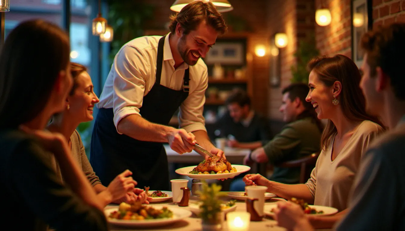 Service en salle d'un bistrot convivial à Liège, serveur apportant une poularde rôtie à une table de convives souriants en soirée