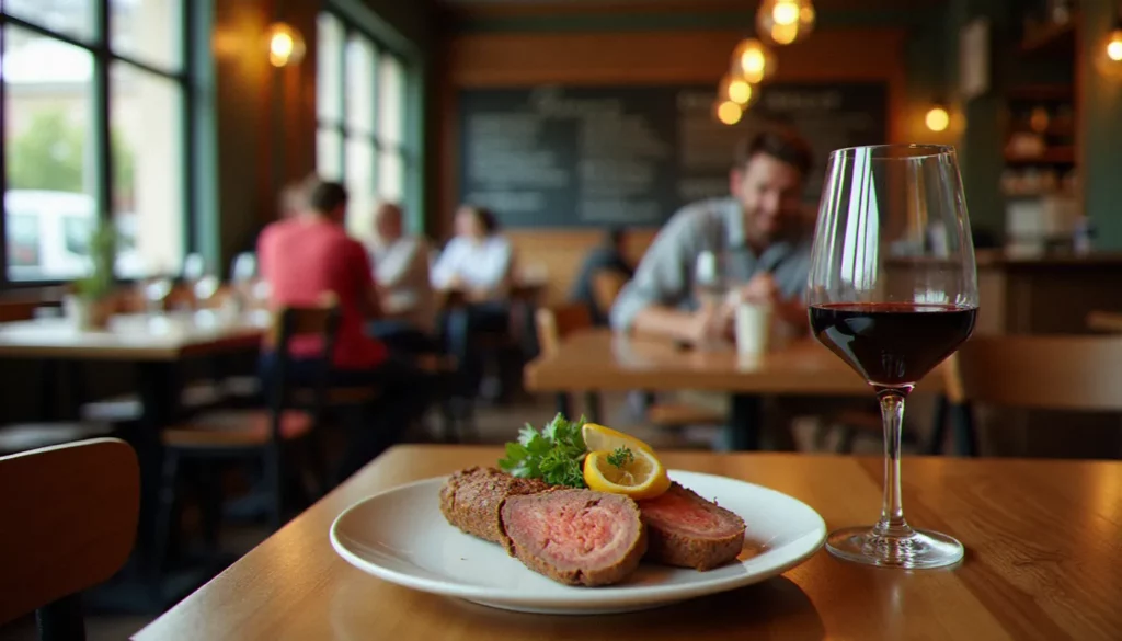 Salle animée d'un bistrot sans chichi à Liège avec ardoise murale, tables en bois et atmosphère conviviale au déjeuner
