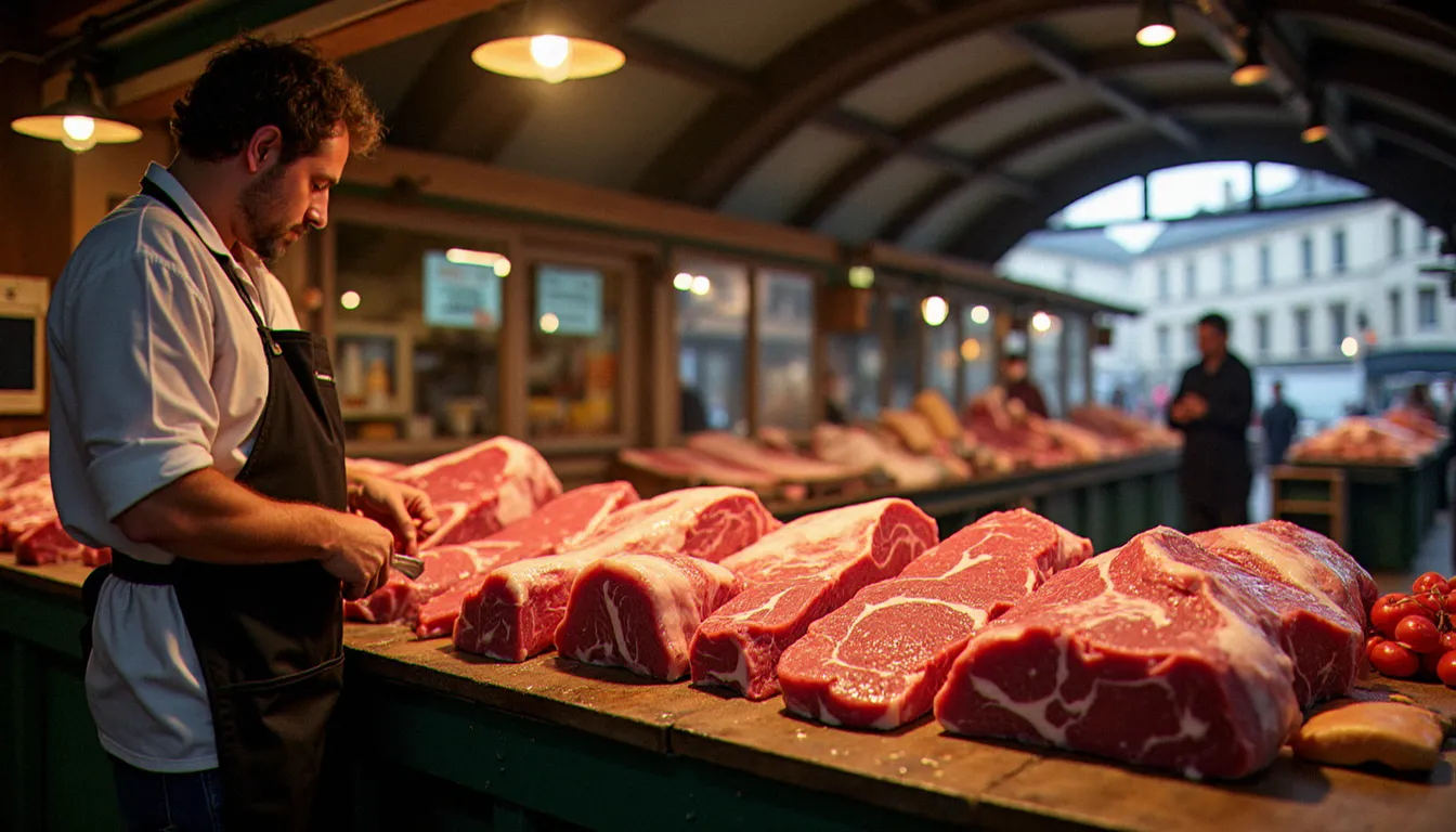 Étal de boucher dans un marché couvert parisien au petit matin, viandes de veau et bœuf exposées sur un comptoir en bois usé, ambiance authentique de marché populaire