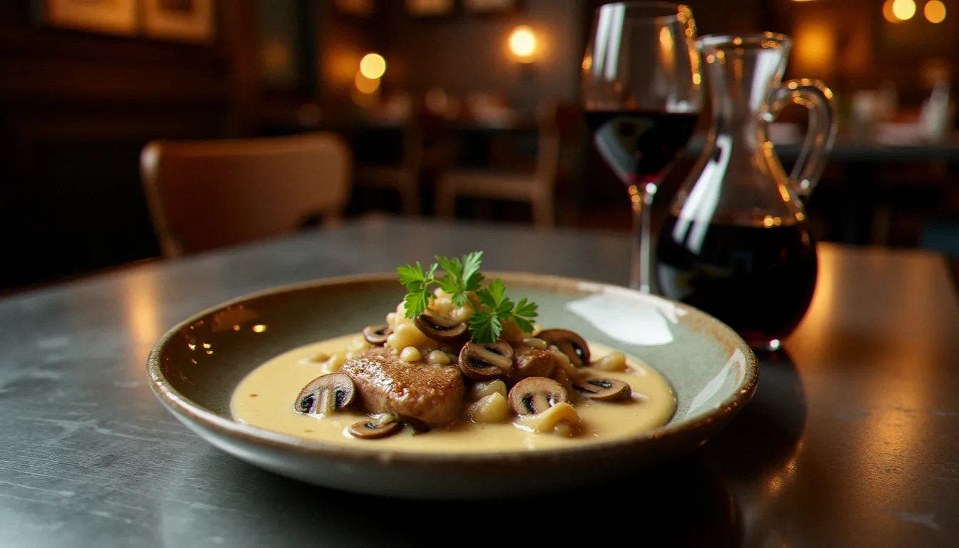 Assiette de blanquette de veau crémeuse aux champignons et petits oignons, servie dans un bol en céramique rustique sur une table de bistrot parisien traditionnel