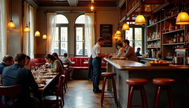 Salle animée d'un bistrot sans culottes parisien à l'heure du déjeuner, avec comptoir en zinc, banquettes rouges et ardoise manuscrite sur le mur