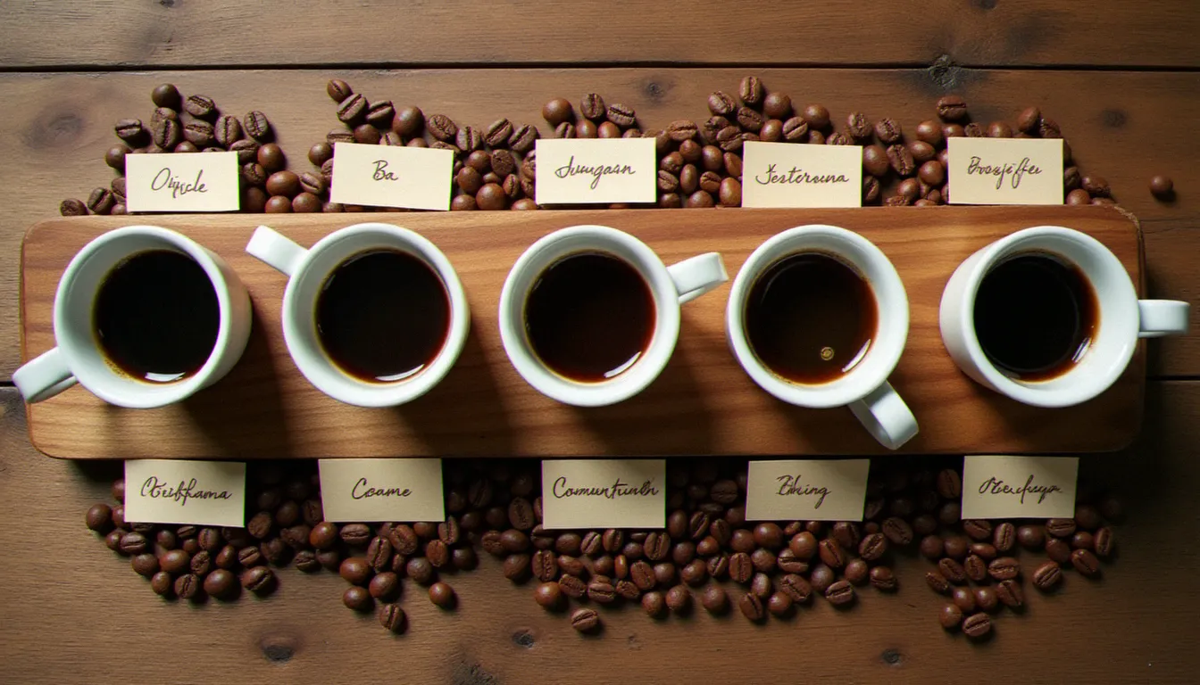 Vue du dessus d'une dégustation de cafés d'origines différentes dans des tasses blanches, entourées de grains torréfiés et de fiches de dégustation artisanales