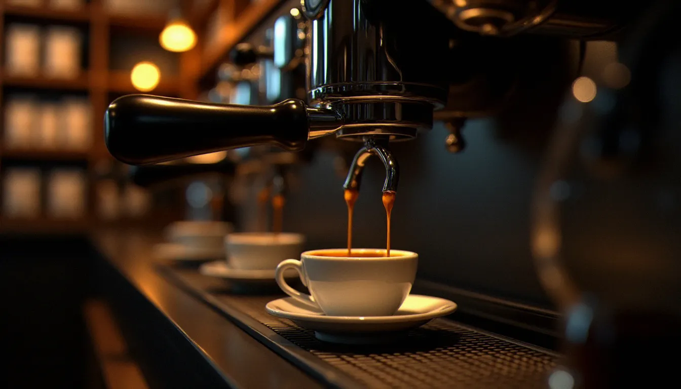 Machine à espresso professionnelle extrayant un shot parfait avec une crema dorée dans un café artisanal à l'ambiance chaleureuse et lumières tamisées