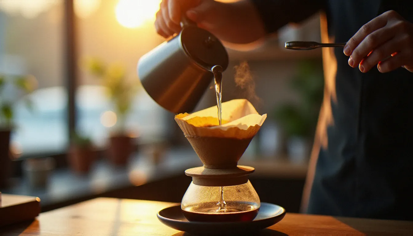 Barista préparant un café meilleur au monde avec une technique de filtre V60 et une bouilloire à bec verseur, vapeur et lumière matinale