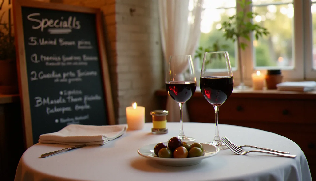 Vue de table dans un bistrot français avec ardoise du jour à la craie, verre de vin rouge et mise en place soignée illustrant les détails que les clients mentionnent dans leurs avis