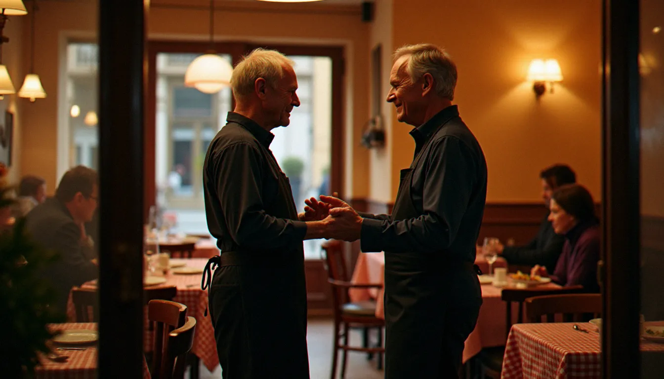 Chef de salle accueillant chaleureusement des clients à l'entrée d'un bistrot français, incarnant la culture de l'accueil qui ressort systématiquement des témoignages et avis clients positifs