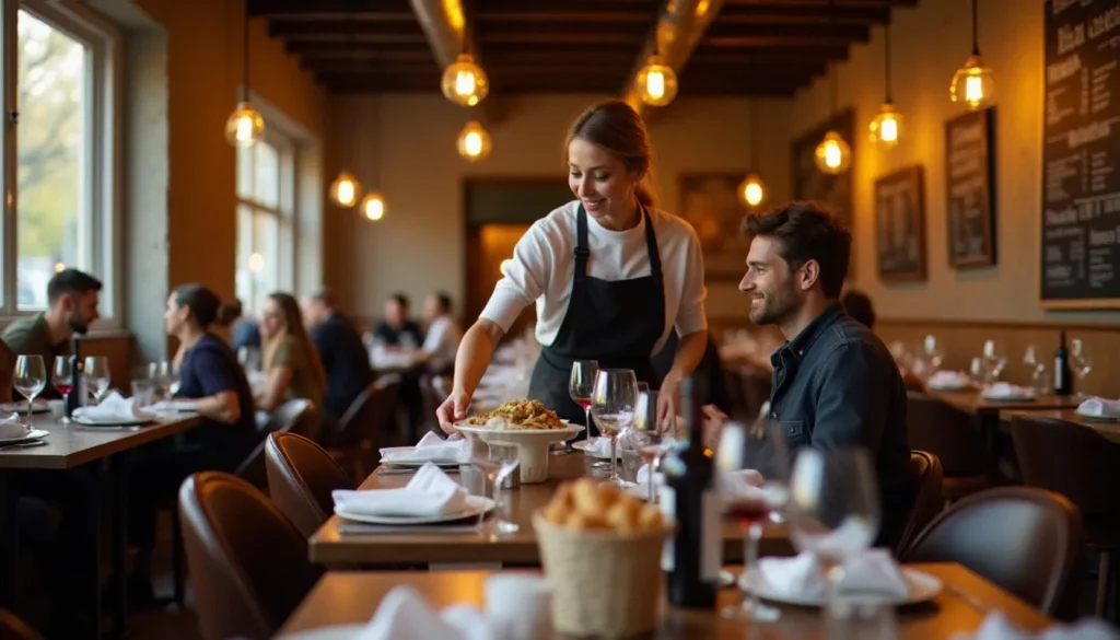 Intérieur chaleureux d'un bistrot français avec tables en bois, lumière dorée et service attentionné — l'atmosphère authentique que décrivent les meilleurs avis bistrot