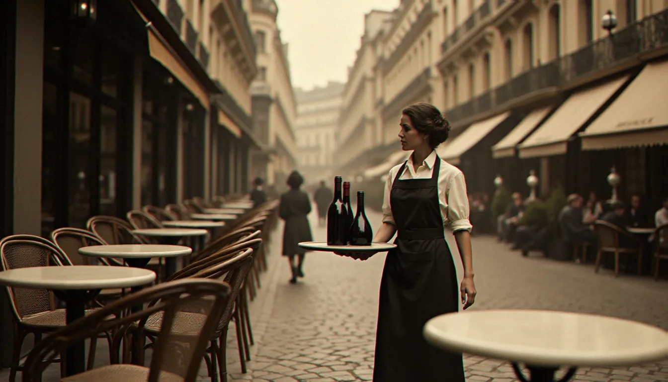 Terrasse de bistrot parisien au début du XXe siècle avec serveuse en tablier, évoquant les origines historiques et étymologiques populaires du mot bistrot