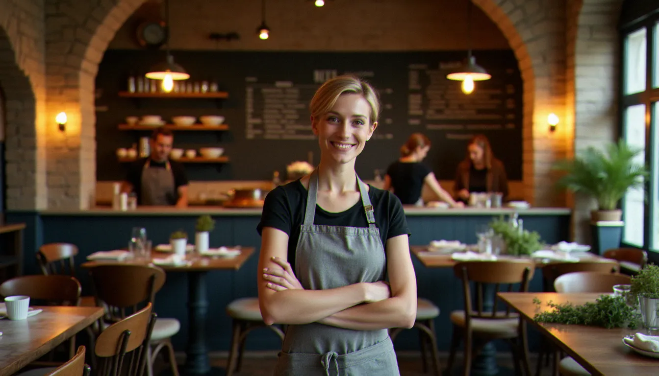 Cheffe patronne d'une bistrote contemporaine devant sa cuisine ouverte le soir, incarnant la figure moderne de la bistrote et l'art de vivre français au féminin