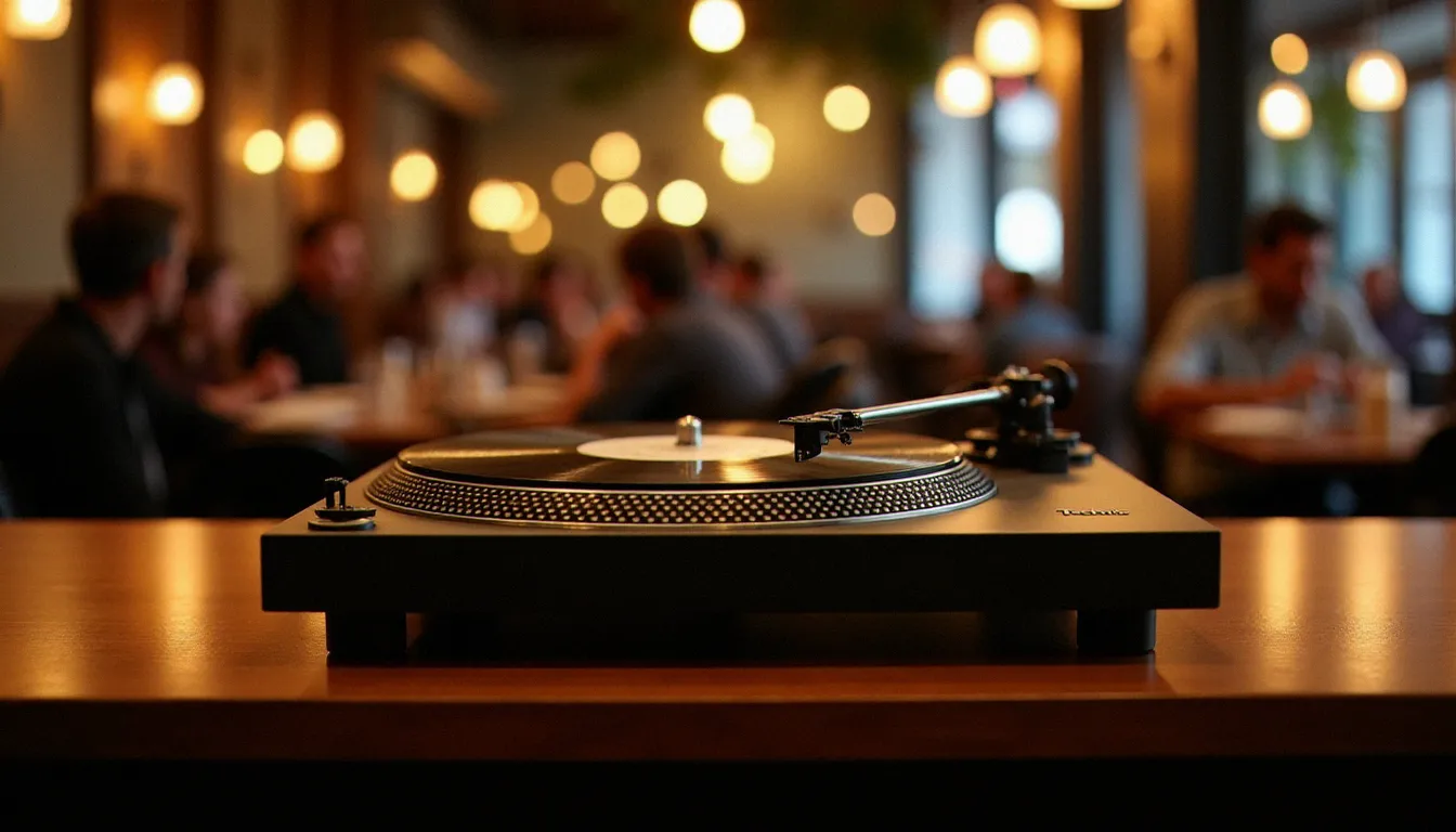 Platine vinyle sur le comptoir d'un bistrot français, symbole de la curation musicale artisanale dans un restaurant avec ambiance musicale