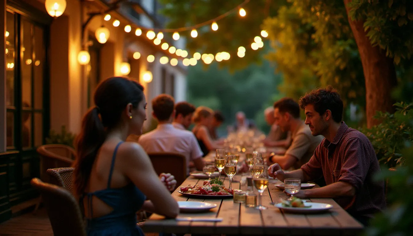 Terrasse estivale d'un restaurant avec ambiance musicale, guitariste acoustique en plein air sous des guirlandes lumineuses avec des convives en train de dîner