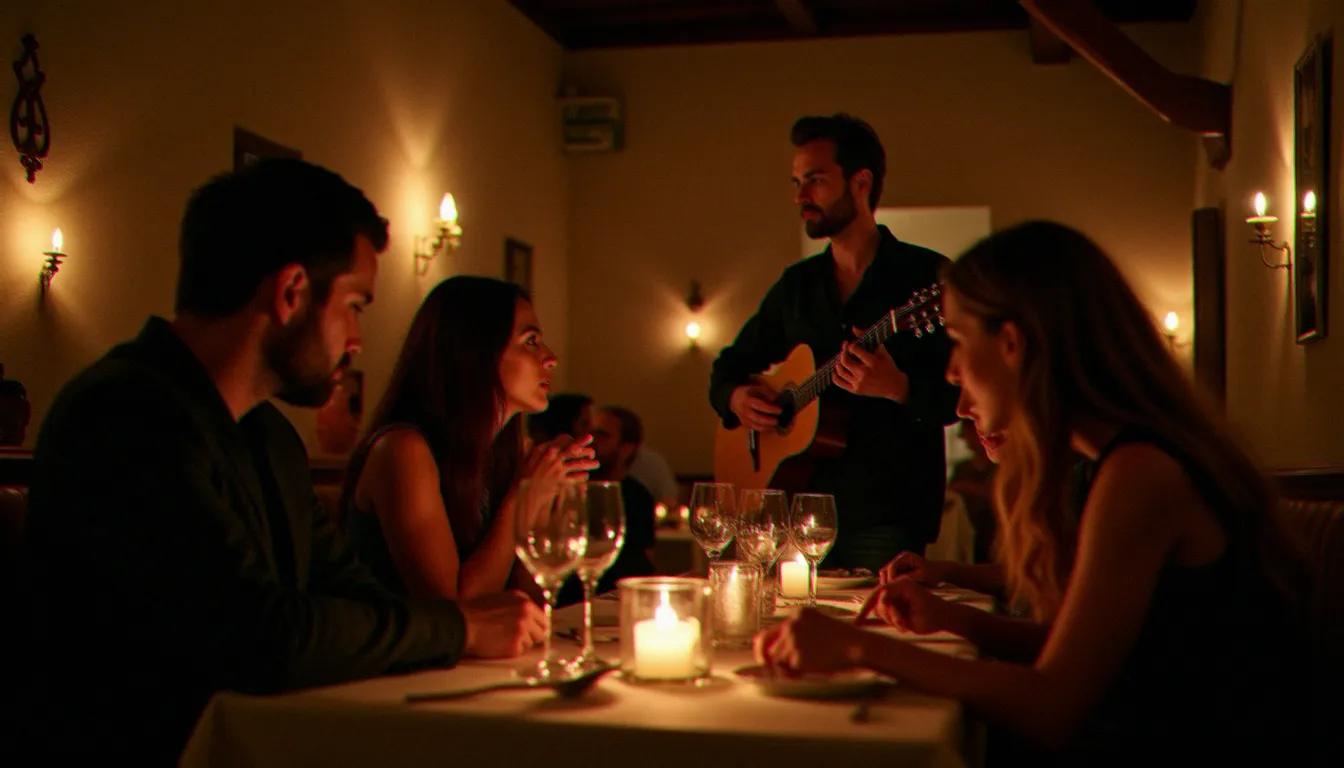 Concert intimiste en duo guitare-voix dans la salle d'un restaurant avec ambiance musicale, convives assis aux tables à la lumière des bougies