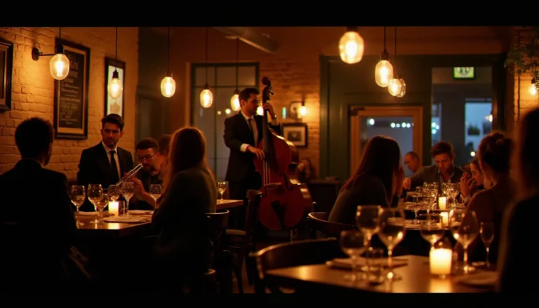 Salle animée d'un restaurant avec ambiance musicale à Lille, avec un quartet de jazz en fond de salle et des convives attablés à la lueur des bougies